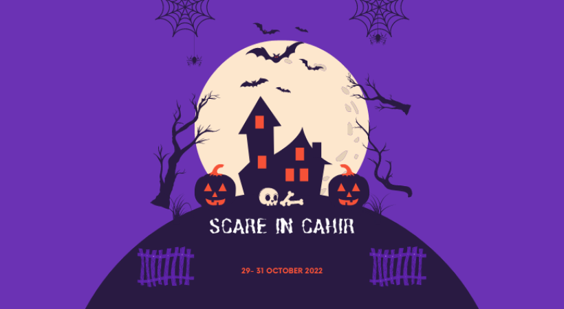 Scare in Cahir event, illustration of haunted house on a hill