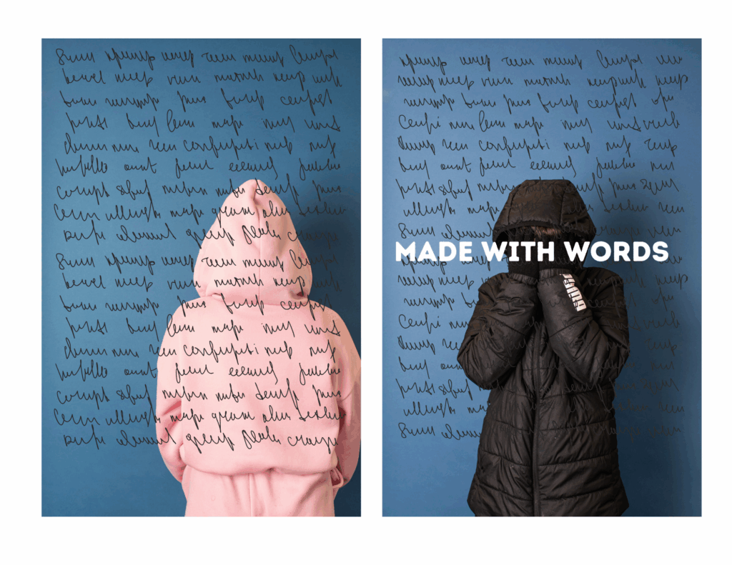 Two similar side by side images of a child with a hood up and a blue background with a white border. Image one is a girl with her back facing the camera wearing a pink hoodie. Image two is a boy with a black puffer jacket facing the camera with his fists covering his face with text reading 'Made with Words'. Both images have illegible handwriting scrawled over it